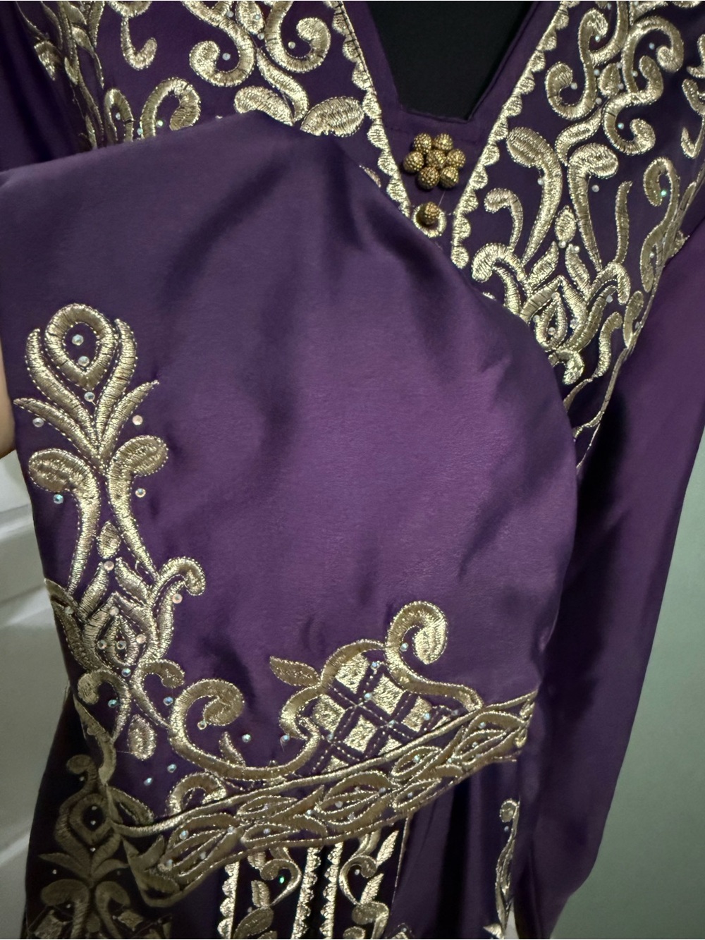 Embroidered Purple Long Sleeve Maxi Dress with Gold Accents - Picture 3 of 4